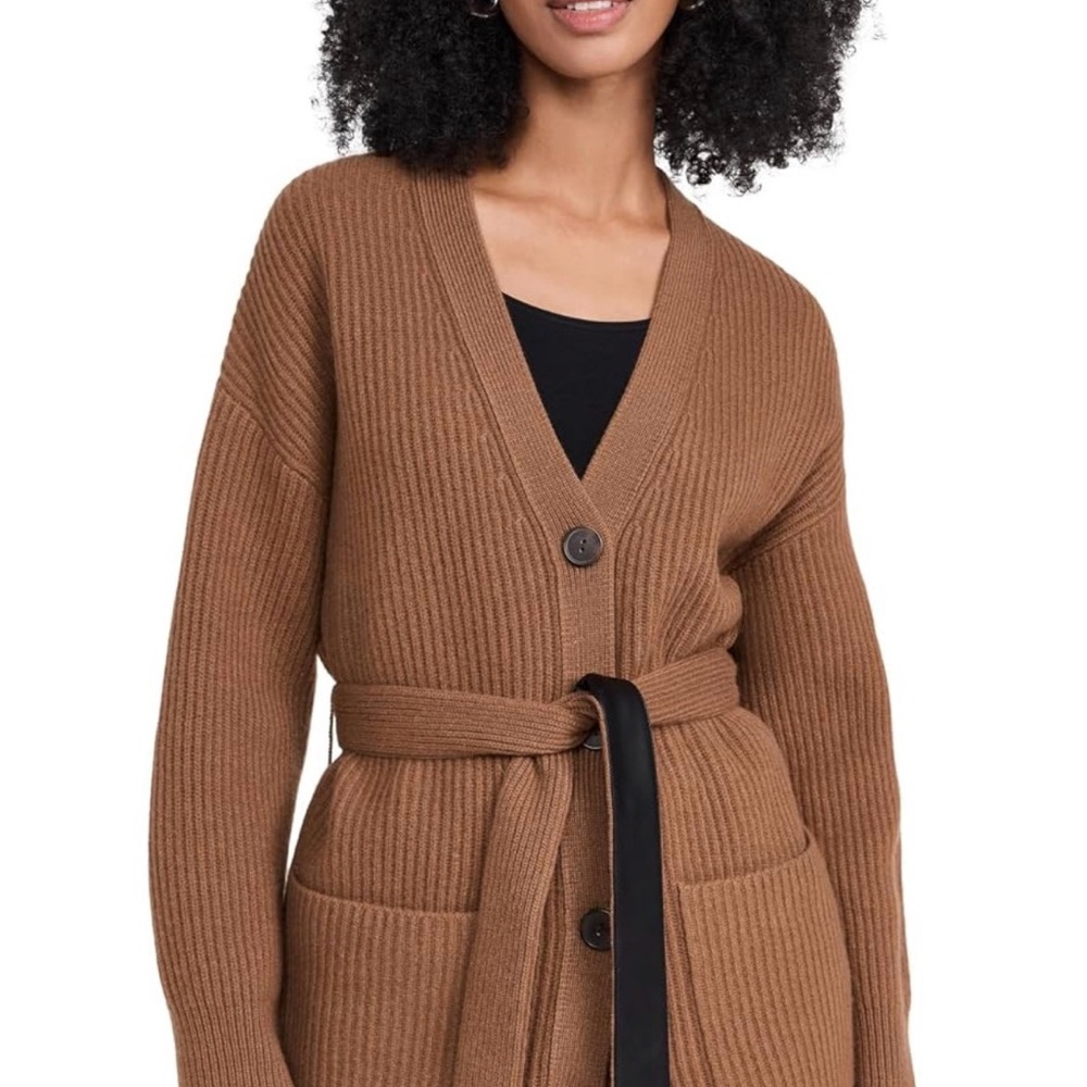 Vince Ribbed Wool-Cashmere-Blend Faux Leather Belt Cardigan  - Almond, Size M